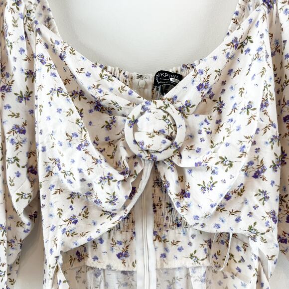 MINKPINK Hailey Floral Puff Sleeve Cutout Midi Dress White Purple XL - Picture 10 of 16